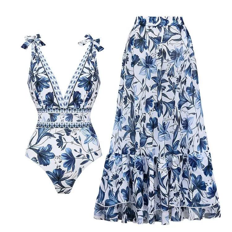 Flaxmaker Summer New Women Sexy Hawaiian Lace Up V Neck Ruffle Swimsuit and Sarong Women Swimwear Set Push Up Bathing Suit