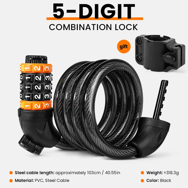 BUCKLOS 5 Digit Anti-theft Bike Password Lock Bicycle Cable Lock Steel Cable Motorcycles Locks 1.2M Zinc Alloy E-Bike Locks