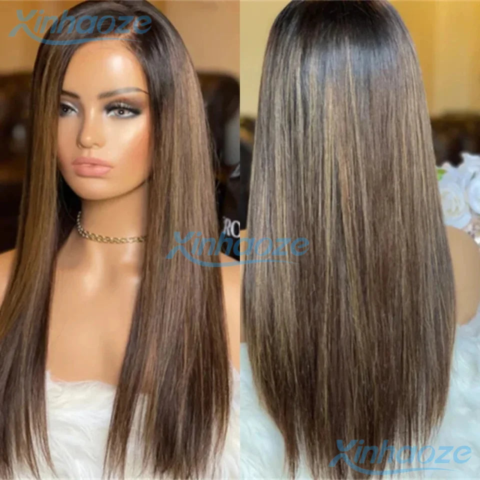 Side Part Dark Brown Highlight Glueless Human Hair Straight 13x6/360 Lace Front Wigs #4/6 Pre Plucked Brazilian 5x5 Silk Top Wig