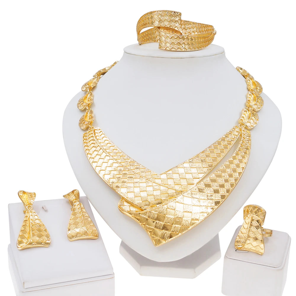 Women Jewelry Set Personality Exaggerated Gold Plated Necklace High Quality Party Earrings African Bridal Flower Bud Pendant