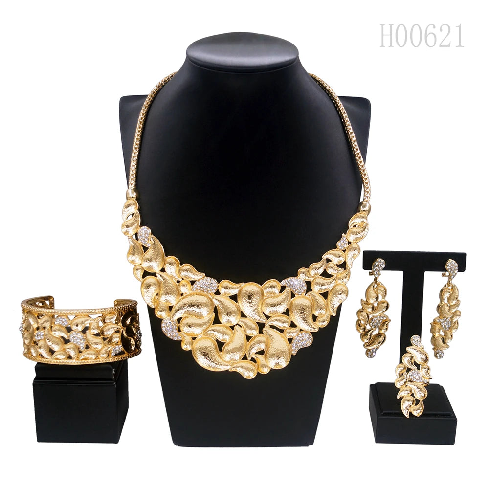 Women Jewelry Set Personality Exaggerated Gold Plated Necklace High Quality Party Earrings African Bridal Flower Bud Pendant