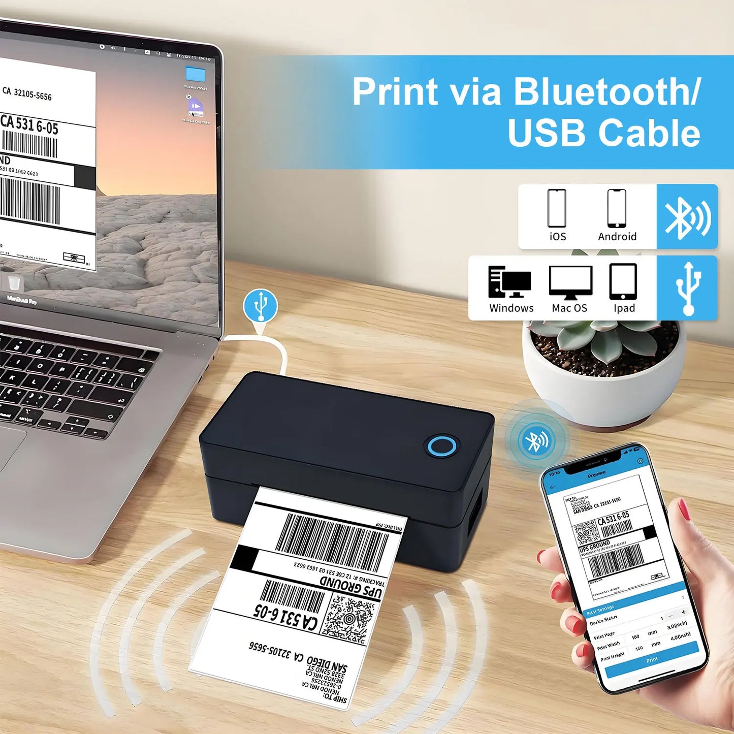 Bluetooth Thermal Label Printer, Portable Inkless 4x6 Inch Label Printer for Package Shipping
