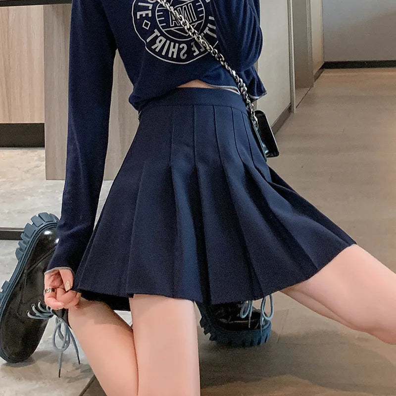 Women High Waist Pleated Skirt with Safety Shorts, Black A Line Mini Skort for Casual Office School Style Outfits