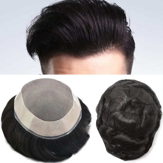 100% Human Hair Men's Toupee Fine Mono Base With Poly Skin Around Natural Men's Hair Replacement system Durable Wigs for Men
