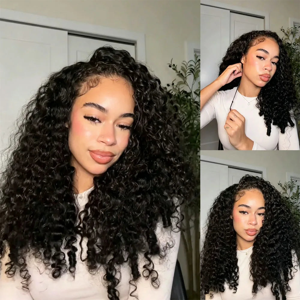 Burmese Curly Half Wig Vietnamese Glueless Raw Human Hair Half Wig With Drawstring Seamless Clips Deep Wave 3 IN 1 Half Wig