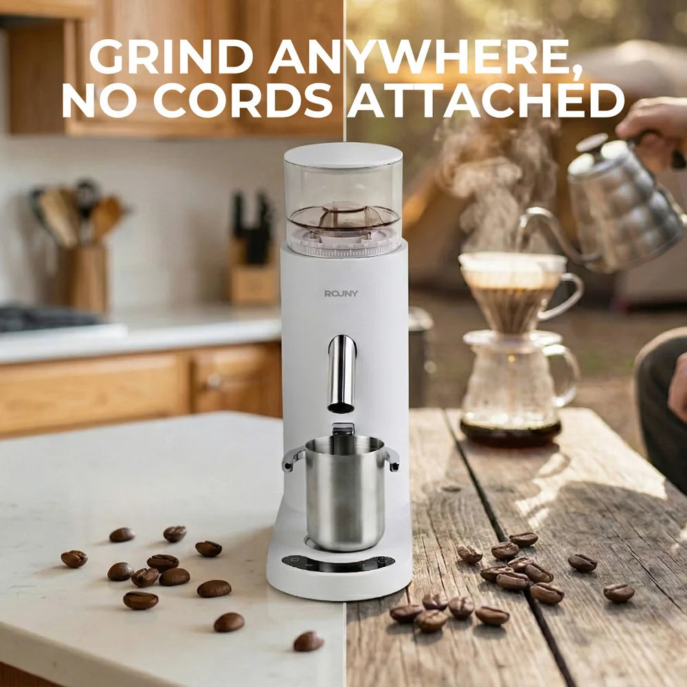 ROUNY Cordless Portable Rechargeable Coffee Grinder for Home & Travel, 60 Settings, 41mm Stainless Steel Burr, LED Touch
