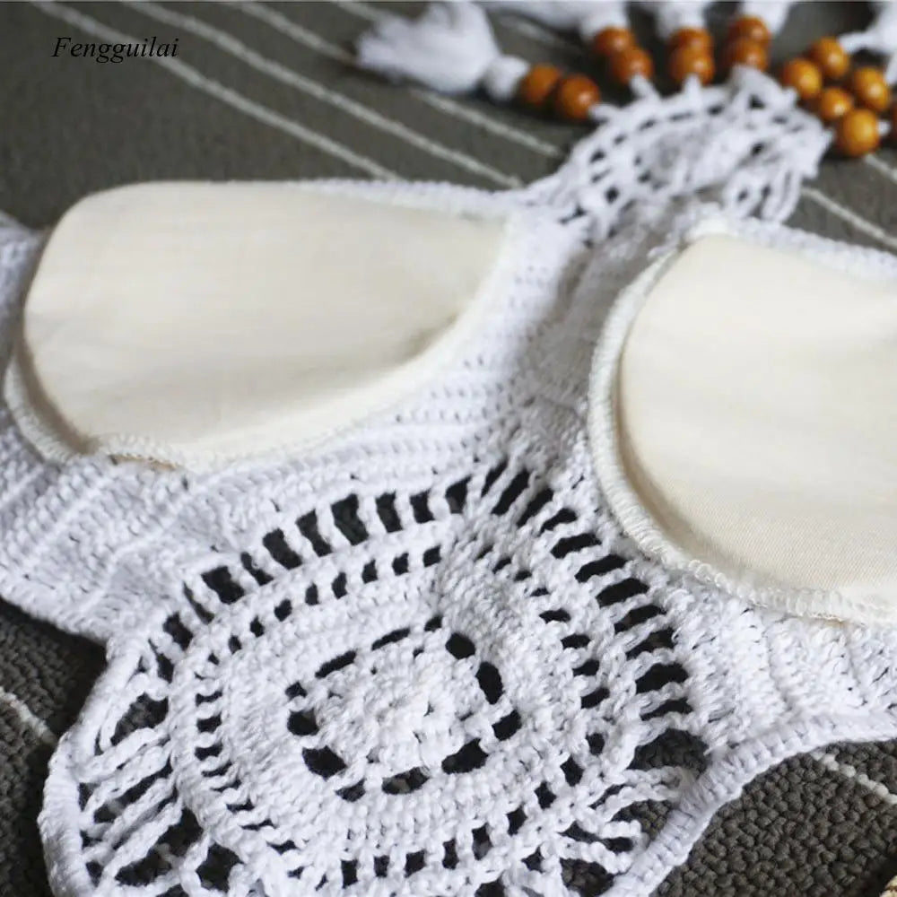 Bikini 2024 Knitting Swimsuit Crochet Bohemia Style Off Shoulder High Neck Bathing Beach Handmade Crochet