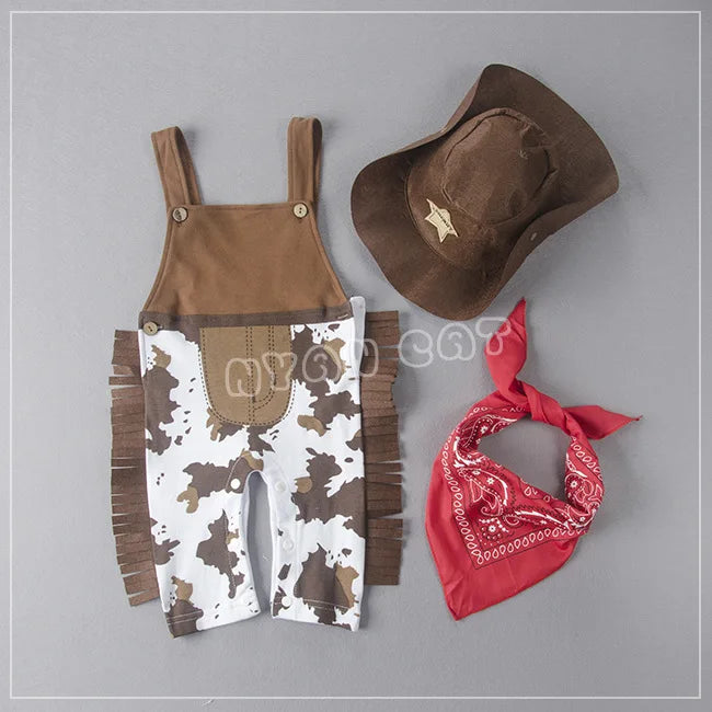 New fashion Baby boy romper costume infant toddler cowboy clothing set hat+scarf+romper halloween purim event birthday outfits