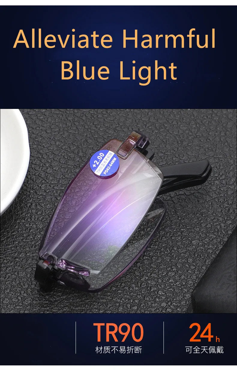 Smart zoom glasses folding diamond cut edge anti-blue reading glasses male frameless TR90 reading glasses portable box