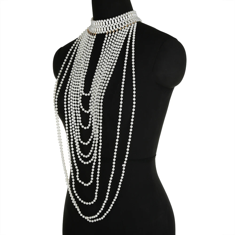 Sexy Pearl Body Chain For Women Necklaces Shawl Female Punk Style Beaded Collar Shoulder Sweater  Long Chain Bridal Body Jewelry
