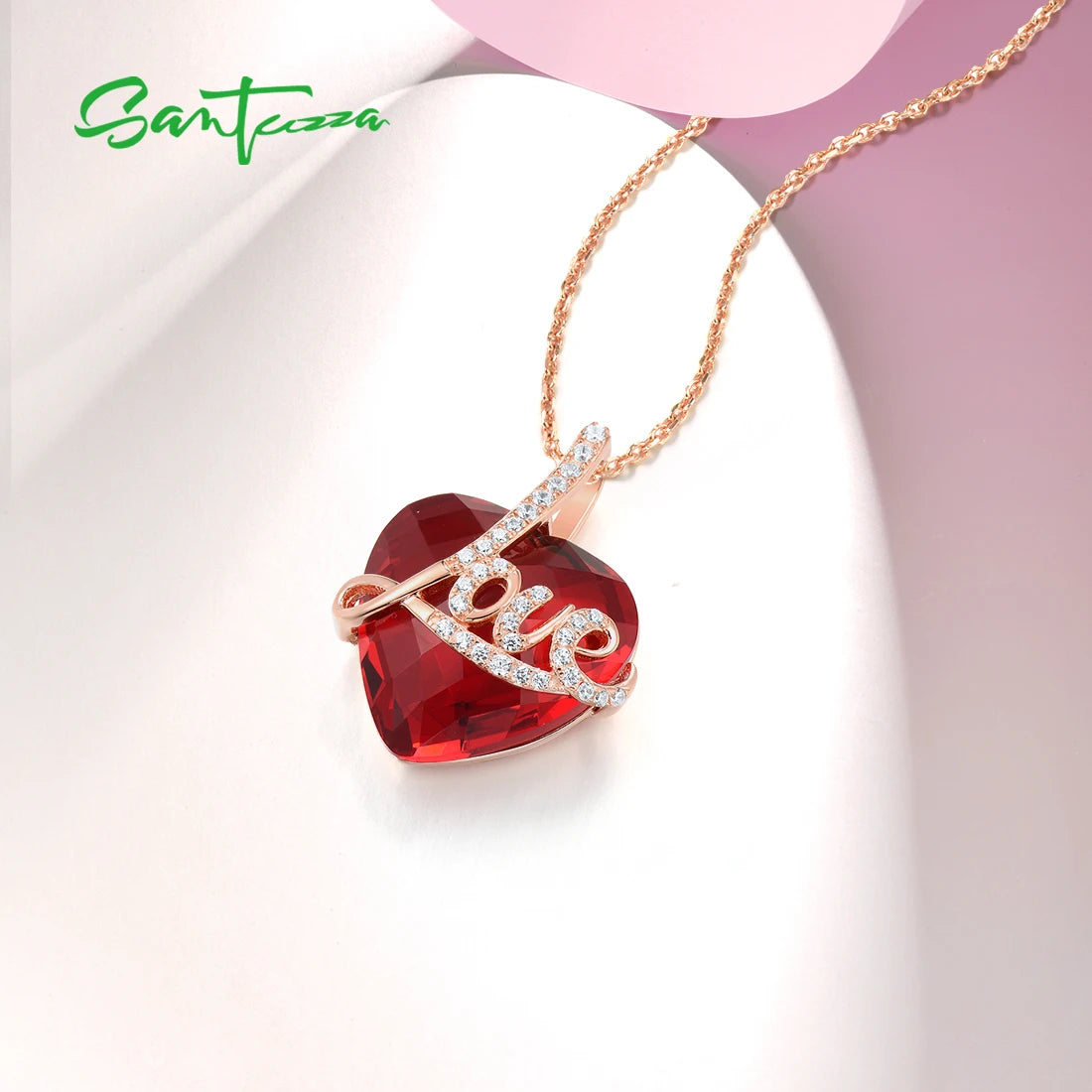 SANTUZZA Authentic 925 Sterling Silver Pendant for Women Red Stones White CZ Love Heart Pendant Valentines Gifts Fine Jewelry