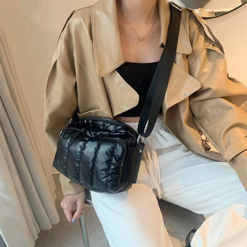 Luxury Space Cotton Shoulder Bags For Women 2021 Winter Crossbody Down Bag Designer Handbag Wide Shoulder Strap Messenger Pack가방