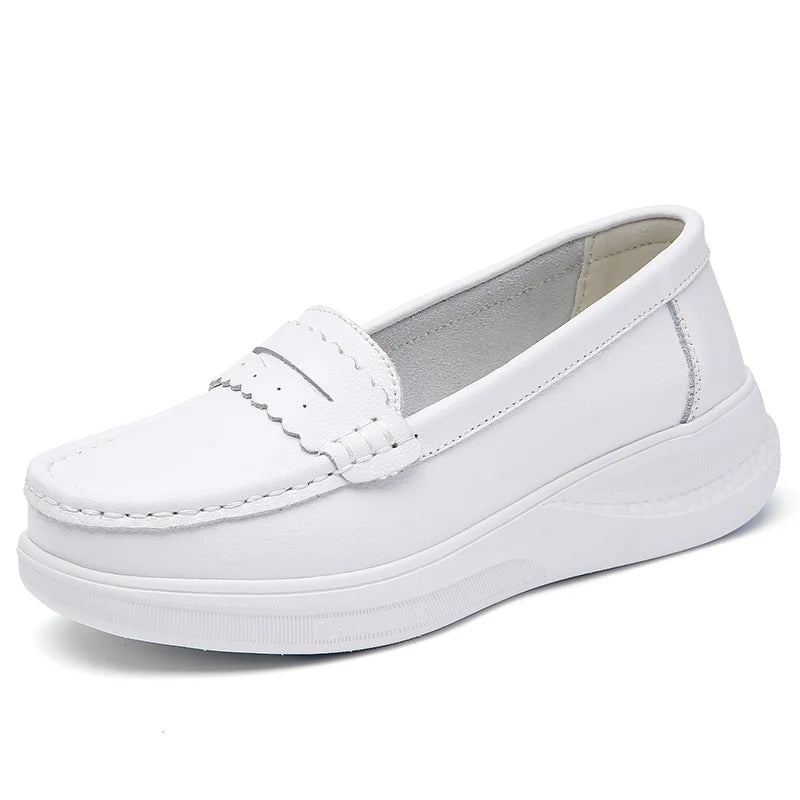 Summer Air Sole Comfortable Slip on Breathable Platform Loafer Casual White Genuine Leather Females Work Nurses Shoes