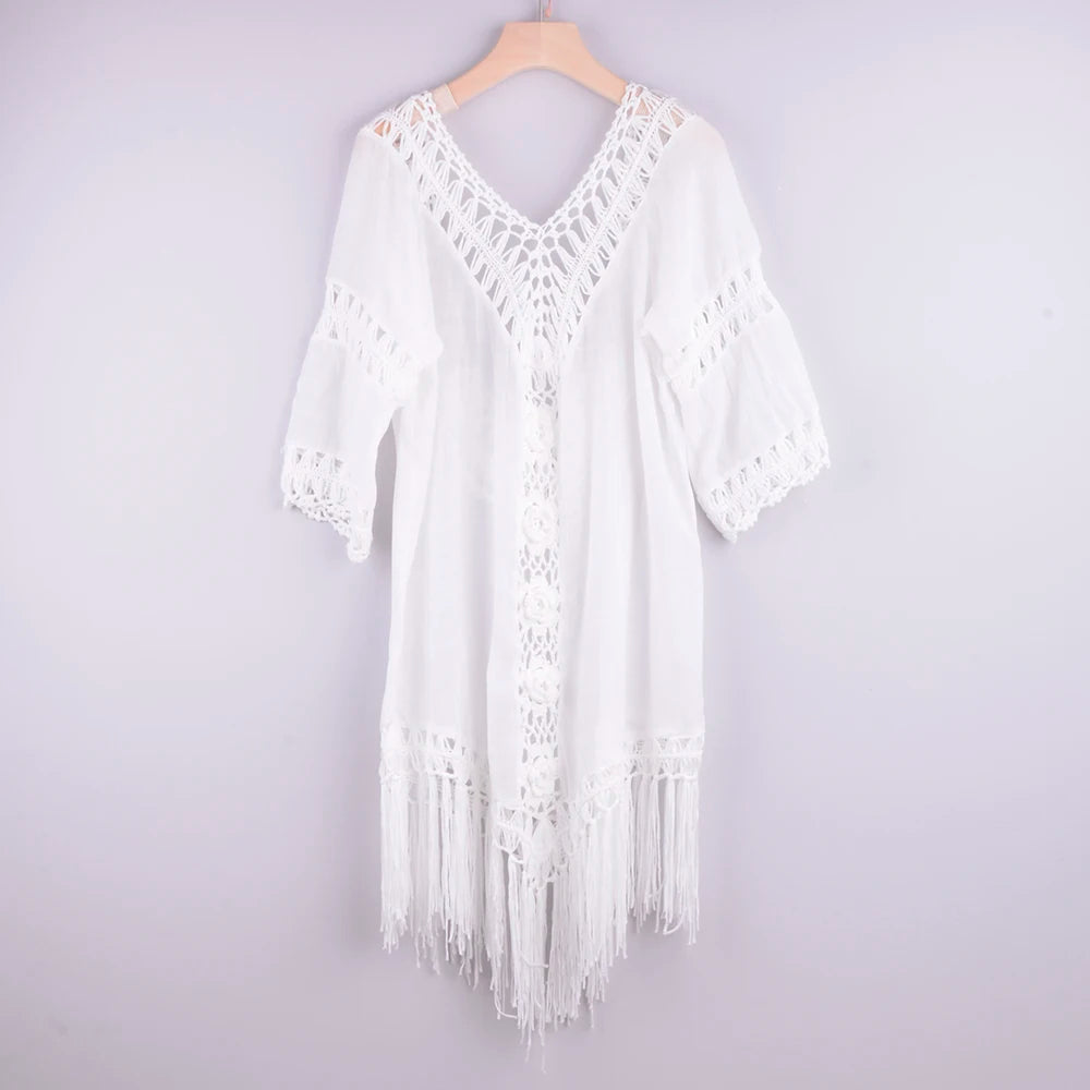 CROCHET BIKINI Knitted Beach Cover Up Women Bikini Swimsuit Hollow Out Dress Tassel Tunics Bathing Suits Cover-Ups Beachwear