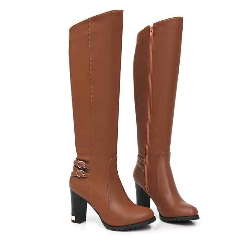 Sgesvier Winter Warm Fur Knee High Boots Womens Snow Boots High Heels Side Zipper Female Shoes Black Brown Apricot Large Size