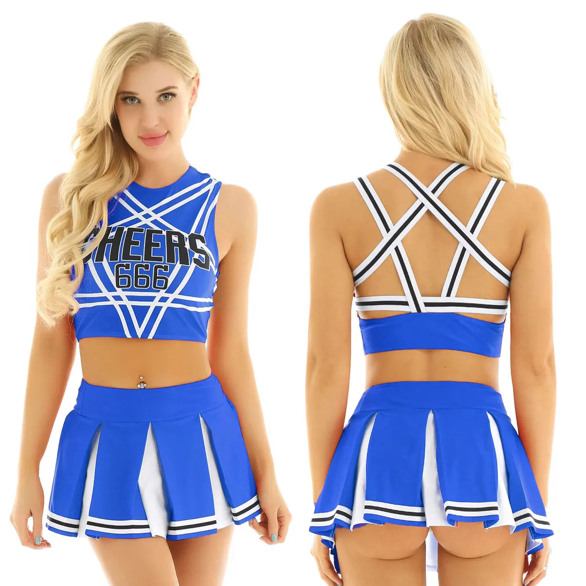 Women's Cheerleader Cosplay Costume Uniform Outfit Stand Collar Crop Top with Mini Pleated Skirts Carnival Cheerleading Suit