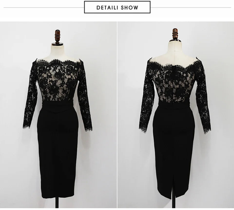 Black High Waist Lady Dress Spring Sexy Off The Shoulder Slash Neck Lace Long Sleeves Temperament Elegant Party Dress Women