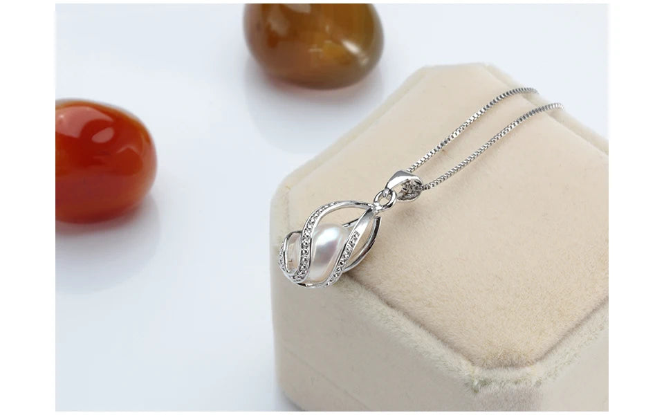 100% Natural Freshwater Pearl Cage Pendant for Women 925 sterling Silver White Pearl Pendant Necklace Jewelry with 45 Chain