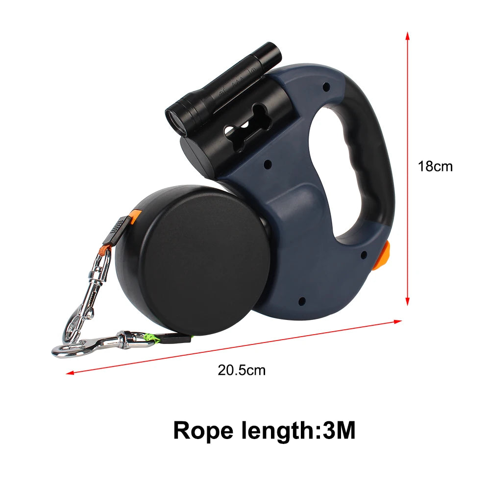 Roulette Dogs Strap With Flashlight Waste Bag Box Dual Dog Leash Auto Retractable 3m Double-Ended Traction Rope