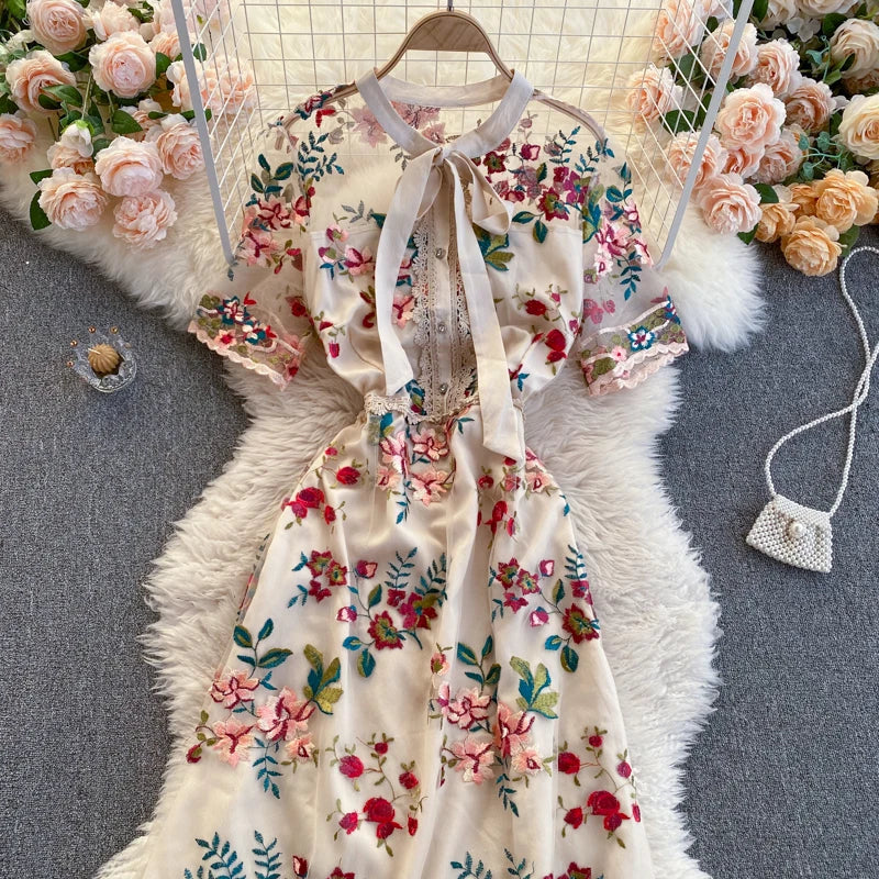 Guilantu Mesh Embroidery Floral Office Dress Women Summer Short Sleeve Tulle Vintgae Dress Elegant Sexy Club Party Dresses