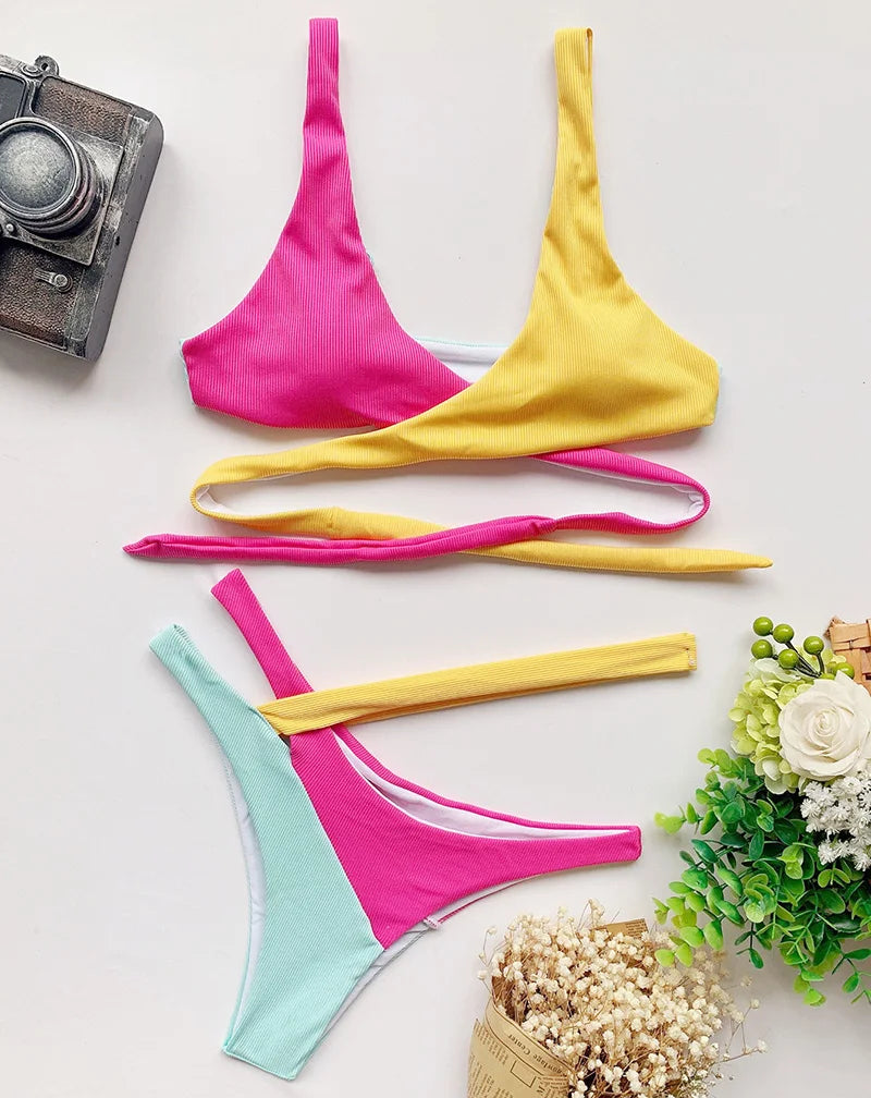 Sexy Splicing Cross Bandage Thong Bikini Female Swimsuit Women Swimwear Two Pieces Bikini Set Bathing Suit Swim Beach Wear Lady