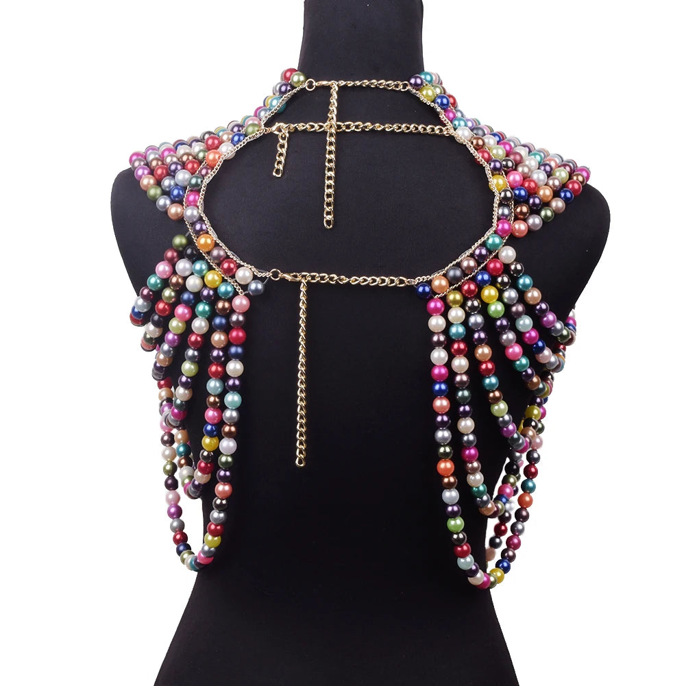 Sexy Pearl Body Chain For Women Necklaces Shawl Female Punk Style Beaded Collar Shoulder Sweater  Long Chain Bridal Body Jewelry