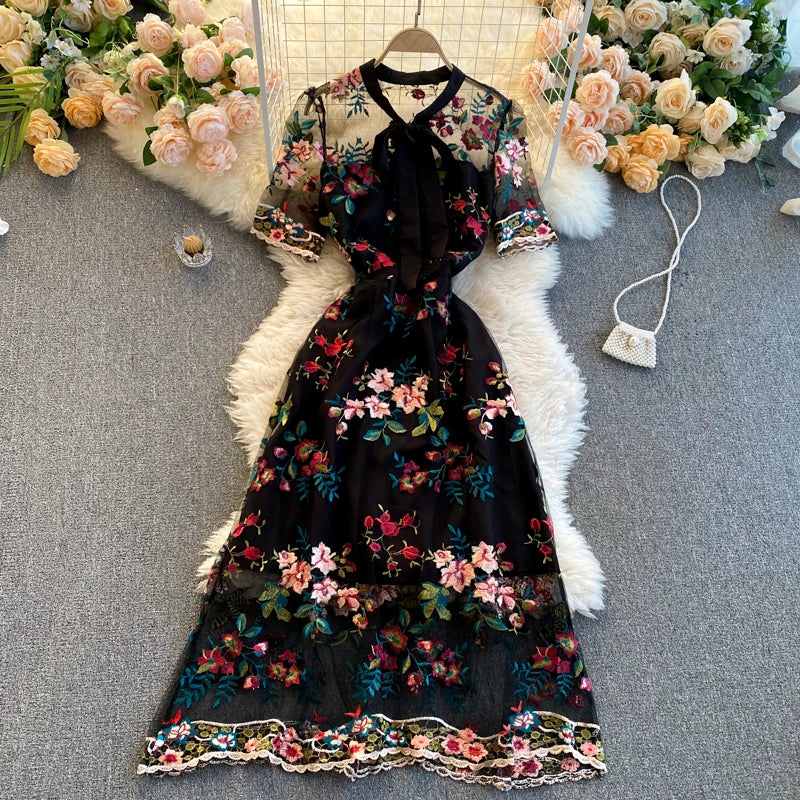 Guilantu Mesh Embroidery Floral Office Dress Women Summer Short Sleeve Tulle Vintgae Dress Elegant Sexy Club Party Dresses