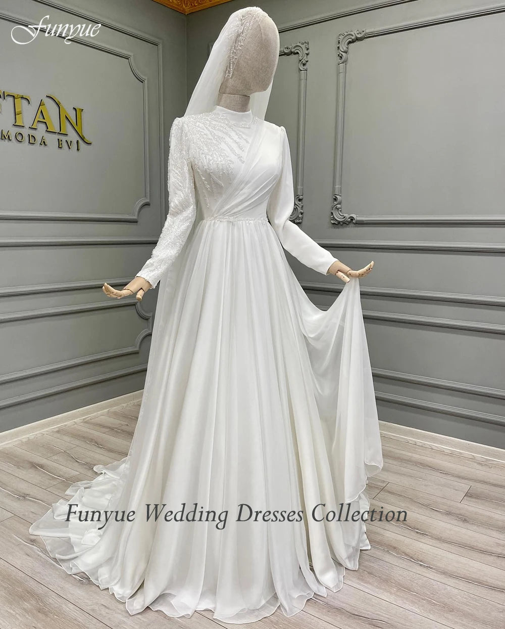 Customized Full Sleeve Muslim Wedding Dress 2025 New High Neck A-Line Chiffon Beading Bridal Gown for Bride To Be Robe De Mariée