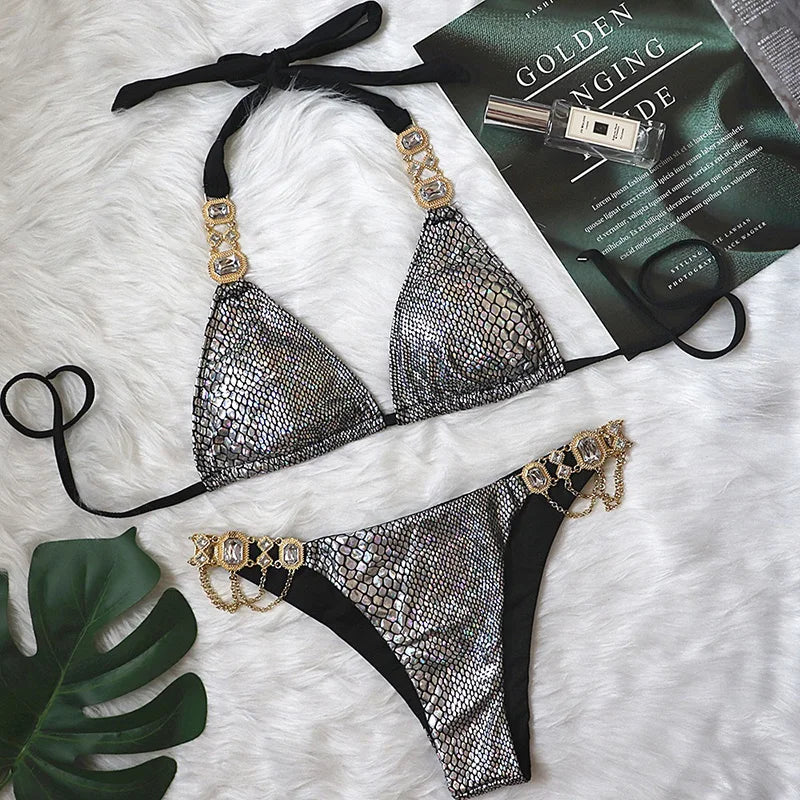 Halter Metal Chains Rhinestone Diamond Bikini Women Swimsuit Female Swimwear Two Pieces Bikini set Brazilian Bathing Suit Swim
