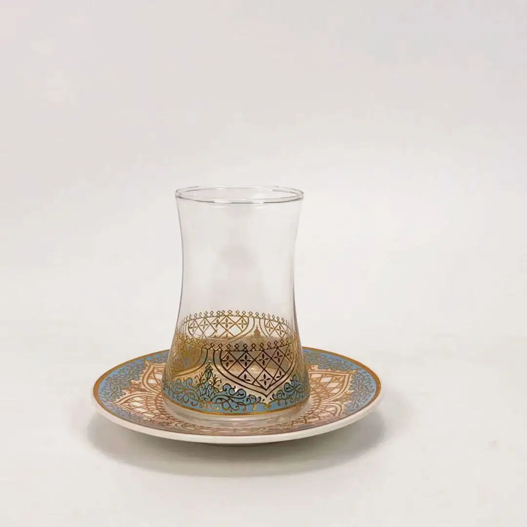 Turkish Tea Glasses Cups Set Saucers with Spoon Coffee Cup Romantic Exotic Glass Tea Cup Blue Gold Kitchen Decoration Drinking