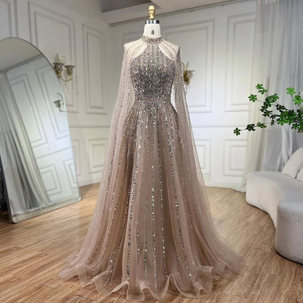 Caramel Arabic a Line Cape Sleeve Beaded Dubai Evening Dresses Serene Hill LA72306A Party Gowns 2024 for Women