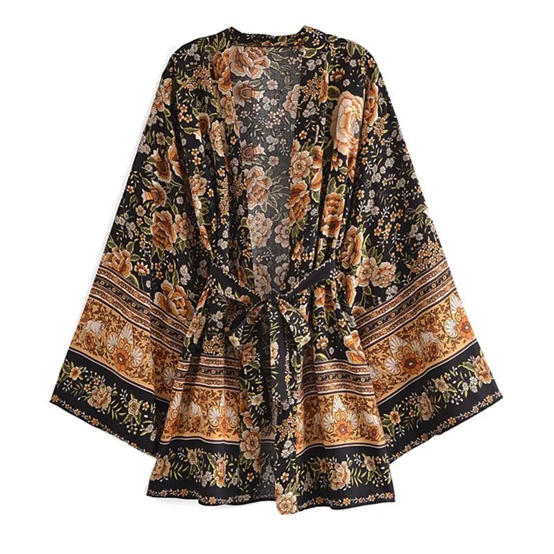 BOHO Women Blue With Pink Flower Print Kimono Shirt Holiday Tide Bow Sashes Mid Long Cardigan Summer Blouse Beach Cape