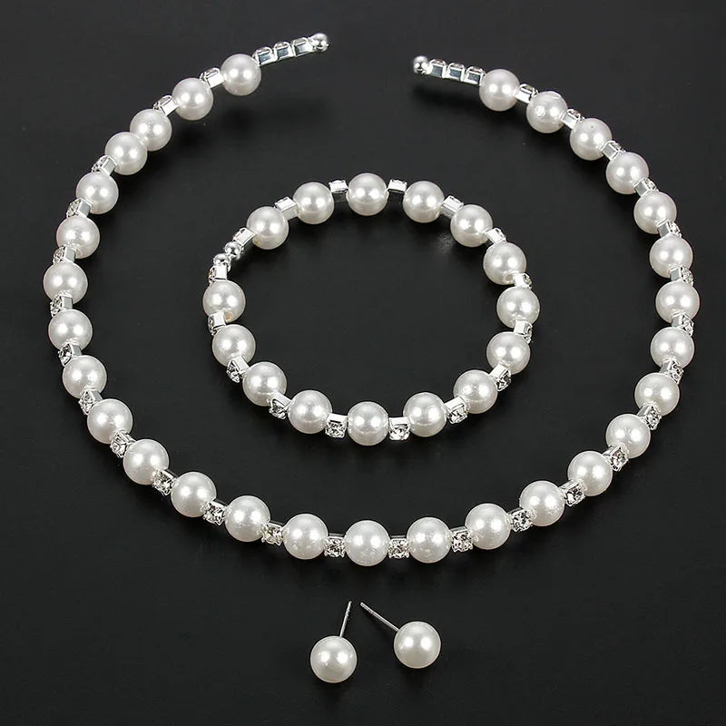 2PCS/Set European Simulated Pearl Chokers  Necklace Bangle Adjustable Jewelry Set For Women Bridal Wedding Party Accessories