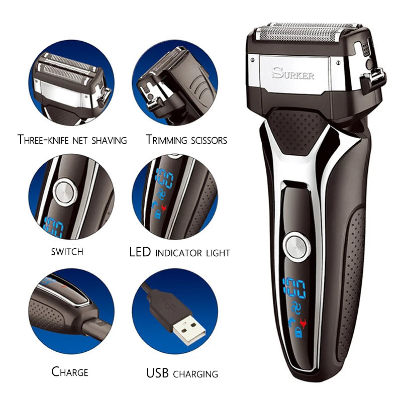 Wet Dry Rechargeable Electric Shaver For Men Facial Beard Electric Razor Stubble 3-Blade System Shaving Machine Washable