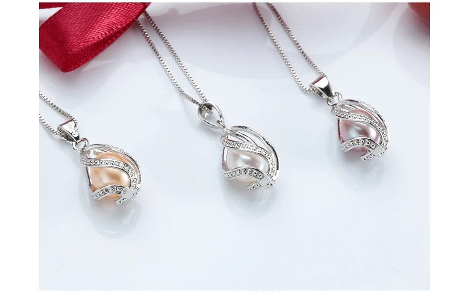 100% Natural Freshwater Pearl Cage Pendant for Women 925 sterling Silver White Pearl Pendant Necklace Jewelry with 45 Chain