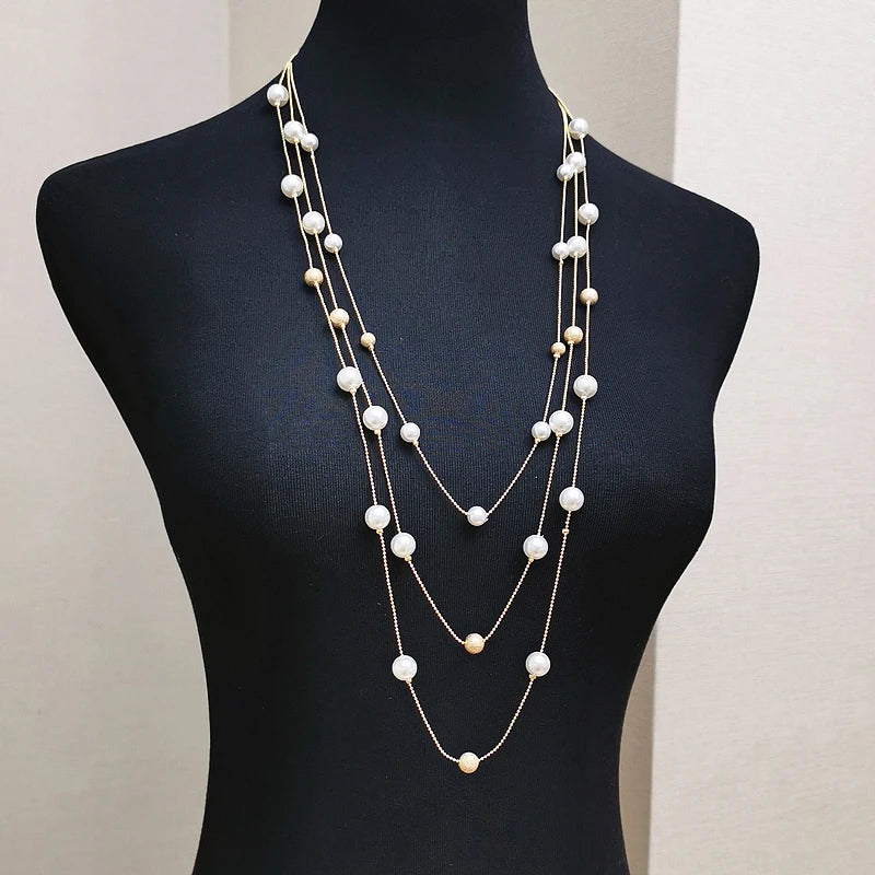 Fashion Handmade Simulated-pearls Beads Chain Necklace For Women Charm Multilayer Long Sweater Necklaces Wedding Party Jewelry