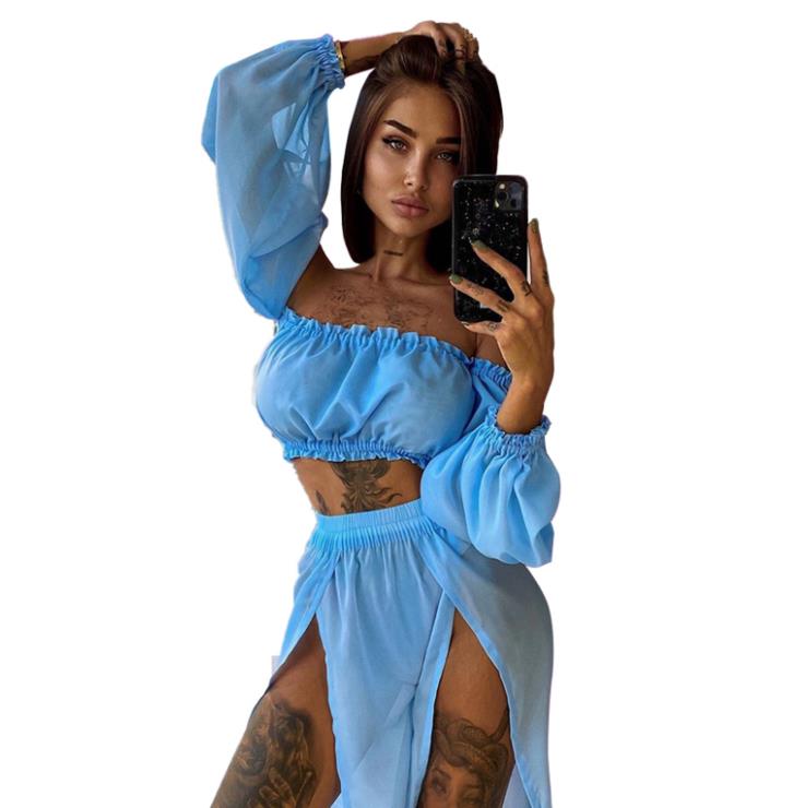 Women Summer Fashion Clothing Set Long Sleeve Off Shoulder Tops and Cover Up Skirt Two-piece Suit for Beach Vacation Travelling