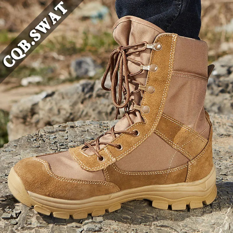 New Men's Suede Leather Desert Boots Combat Tactical Ankle Boots Lace-Up Closure Mesh Lining for Summer Winter Rubber Outsole
