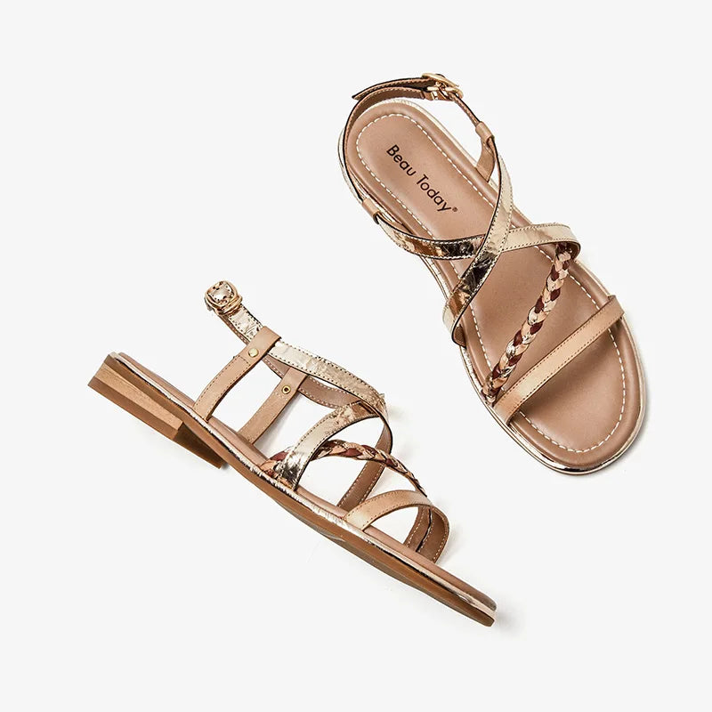 BeauToday Gladiator Sandals Women Genuine Cow Leather Twist Band Designer Flats Slingback Summer Female Flat Heel Shoes 32303