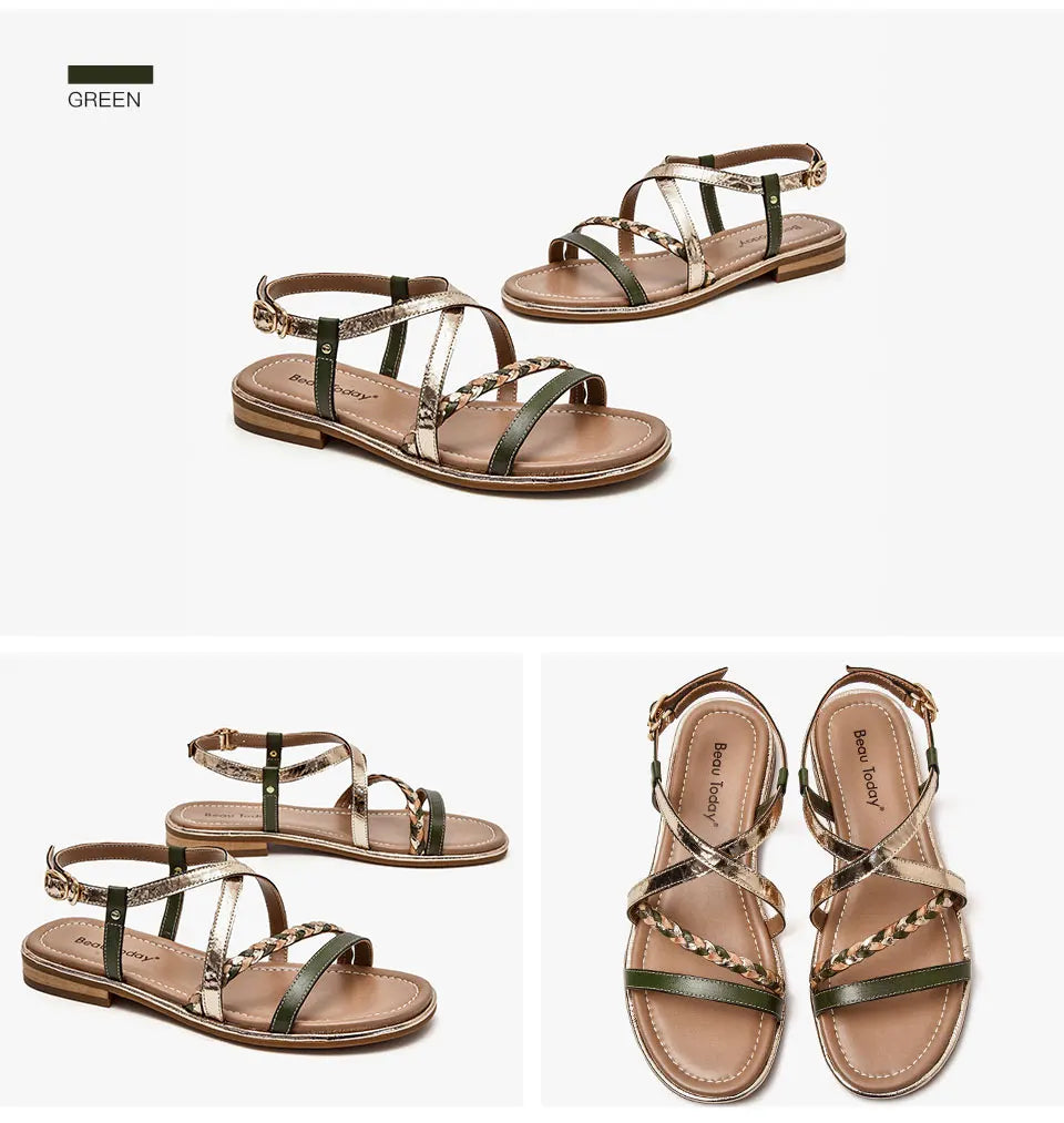 BeauToday Gladiator Sandals Women Genuine Cow Leather Twist Band Designer Flats Slingback Summer Female Flat Heel Shoes 32303