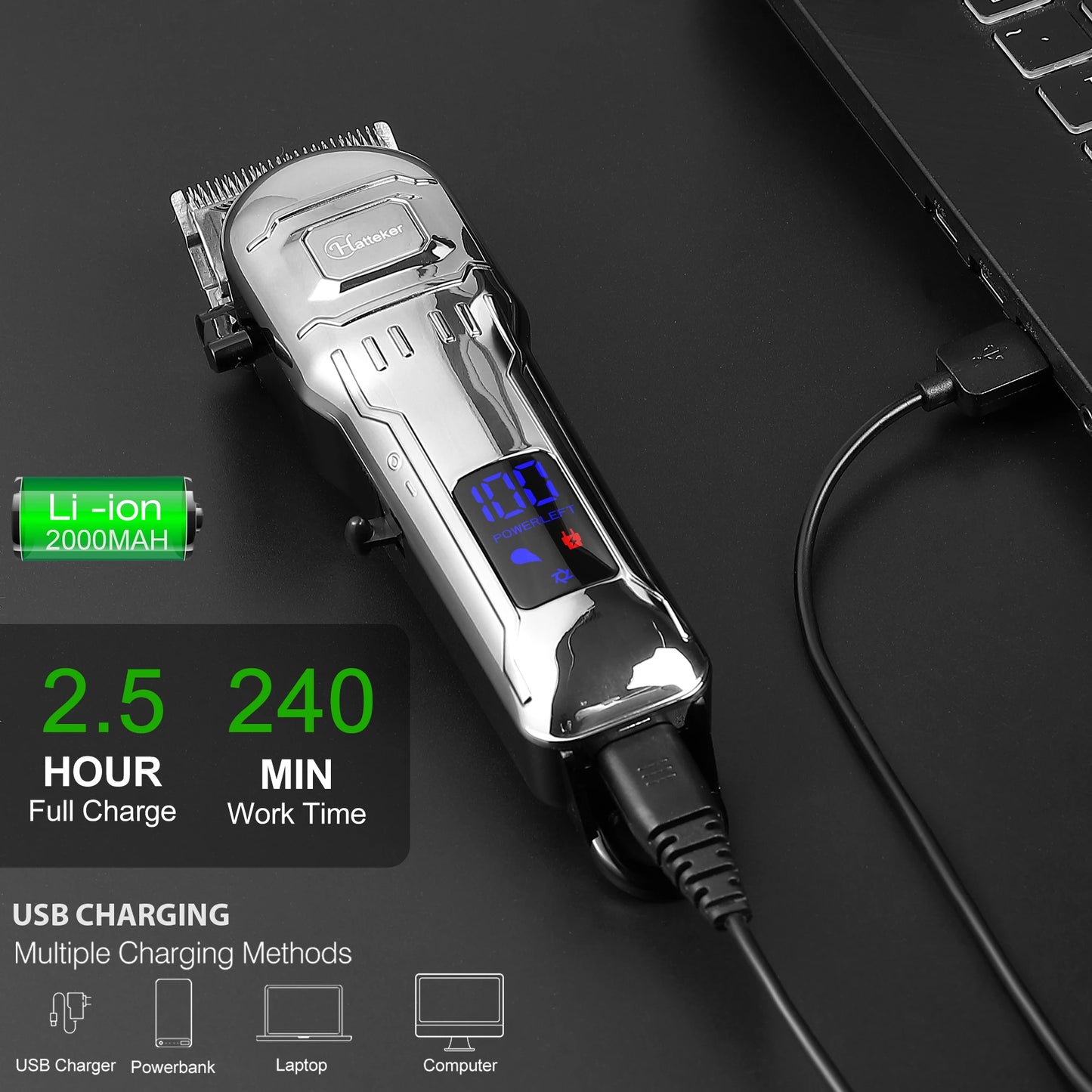 HATTEKER Professional Electric Hair Clipper for Man USB Cordless Hair Trimmer Barber Machine with Hairdressing Set