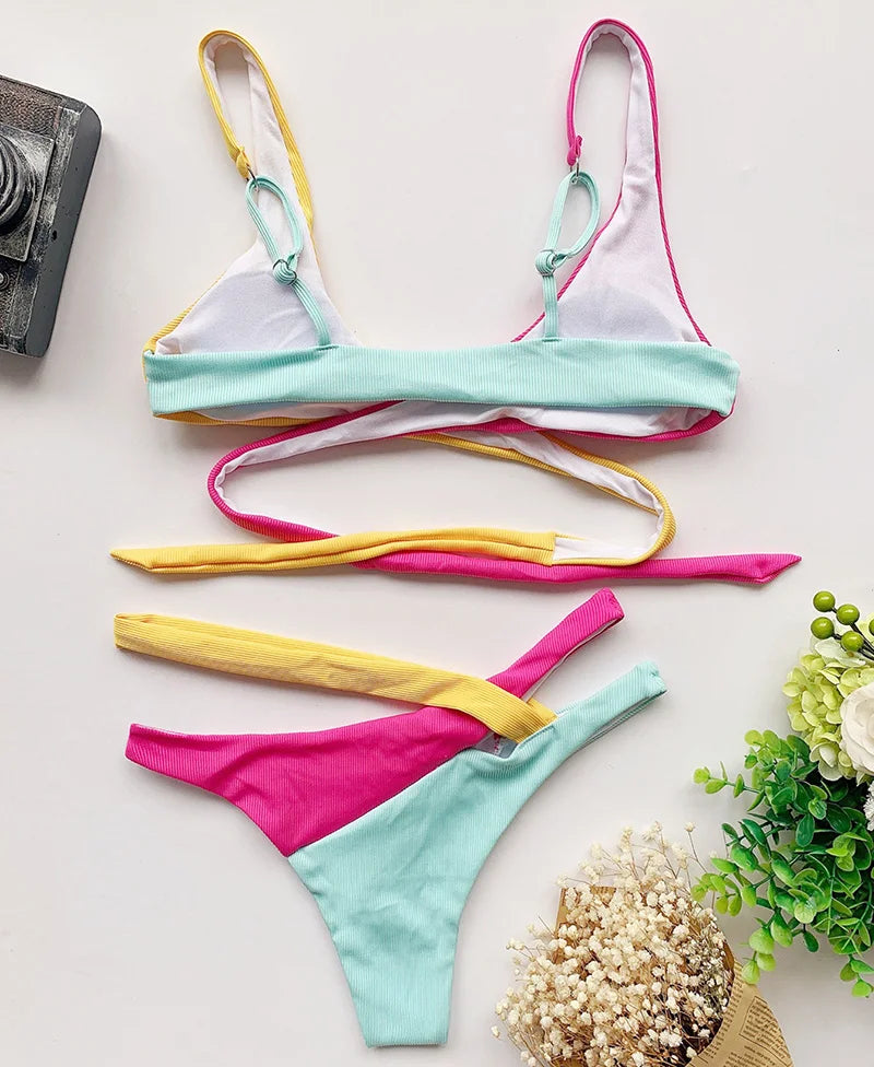 Sexy Splicing Cross Bandage Thong Bikini Female Swimsuit Women Swimwear Two Pieces Bikini Set Bathing Suit Swim Beach Wear Lady