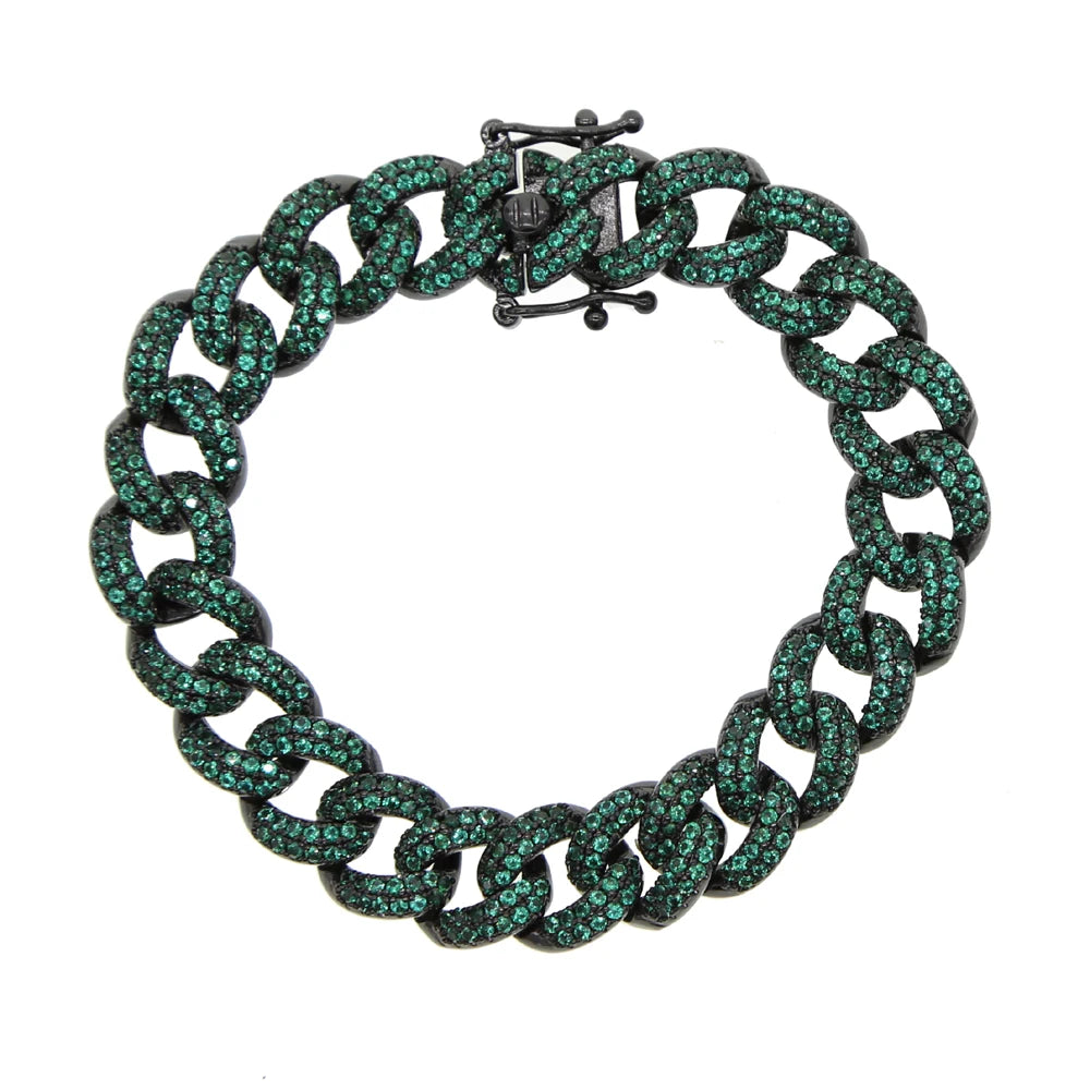 Women Hip Hop Colorful Cz Cuban Chain Bracelet 10mm Width Blue Red Green Cubic Zirconia Cuban Chain Bracelet Bangle For Women