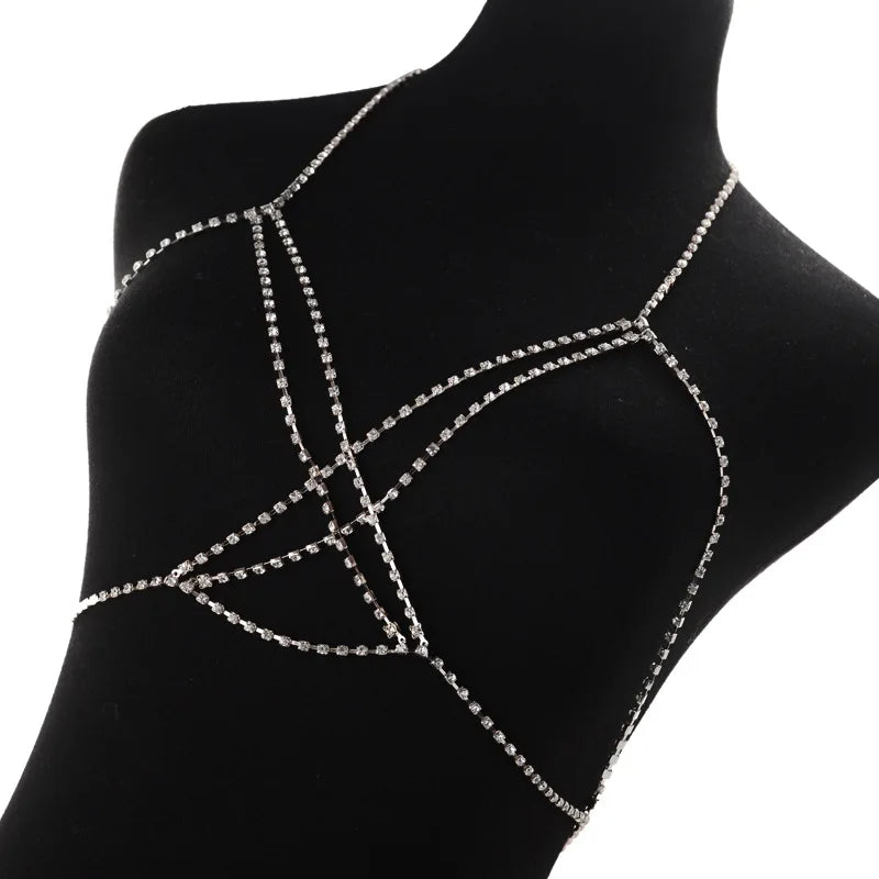 Bohemian Beach Sexy Chest Chains For Women Crystal Cross Chest Chain Shining Bling Bra Body Choker Necklace Jewelry Gift