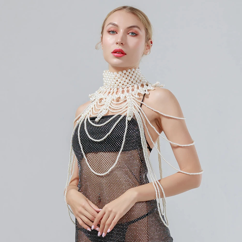 Sexy Pearl Body Chain For Women Necklaces Shawl Female Punk Style Beaded Collar Shoulder Sweater  Long Chain Bridal Body Jewelry