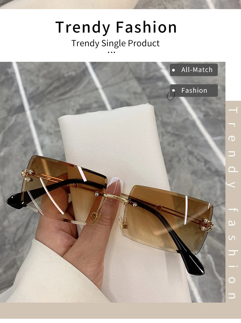 Vintage Fashion 2021 New Sunglasses Rimless Frameless Rectangle Shades Gradient UV400 Summer Traveling Sun Glasses for Women