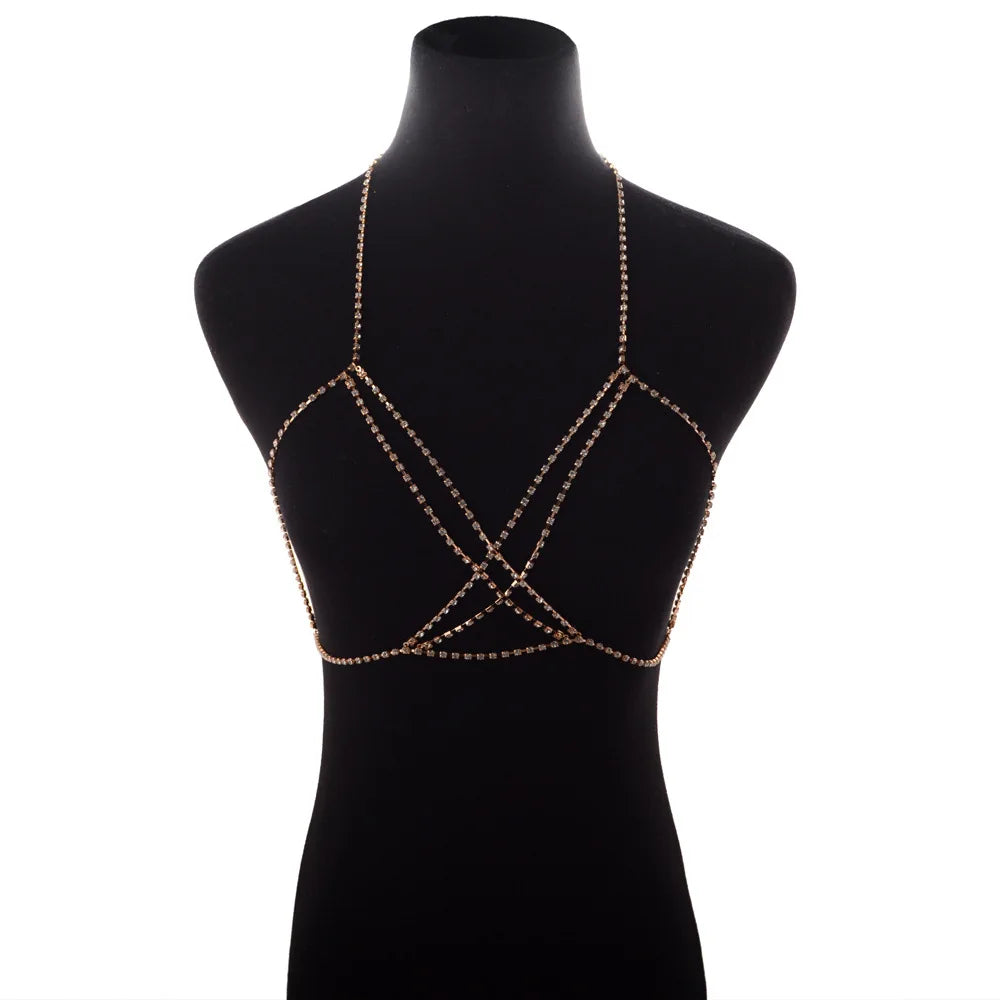 Bohemian Beach Sexy Chest Chains For Women Crystal Cross Chest Chain Shining Bling Bra Body Choker Necklace Jewelry Gift