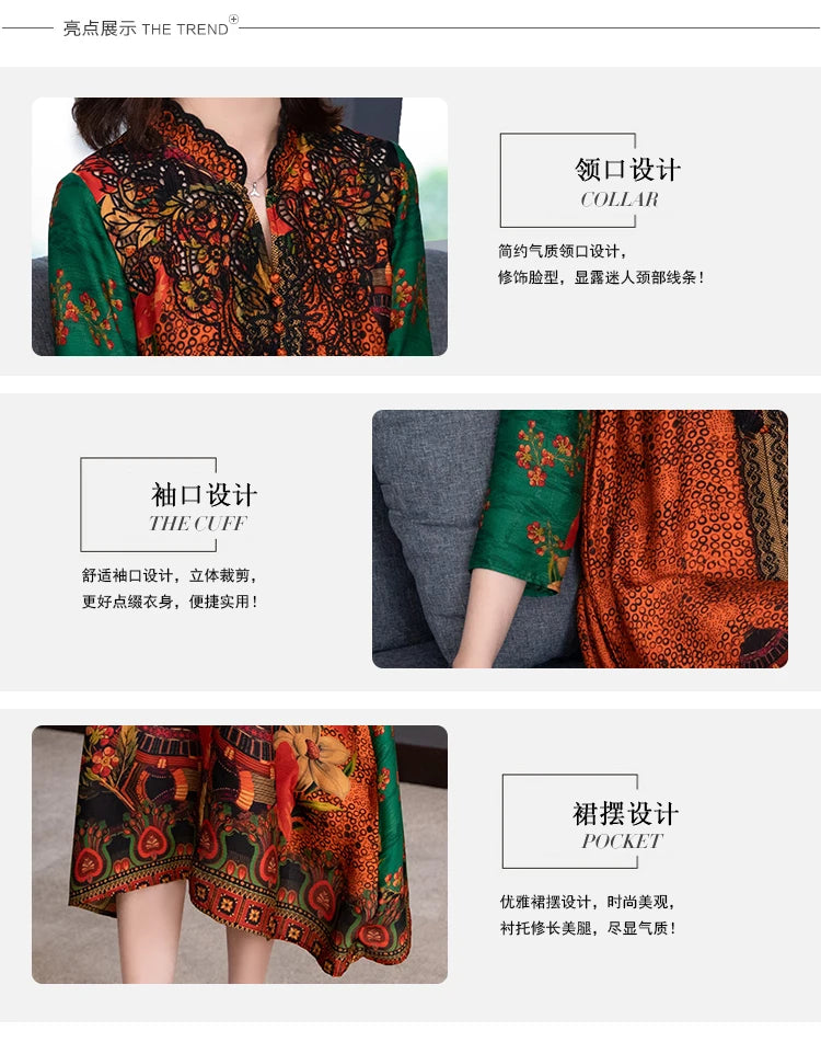 2024 Boho Vintage Print Natural Silk Midi Dresses Summer Loose Casual Dress Elegant Women Bodycon Party Vestidos