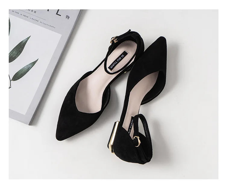 D'orsay suede cover metal low heels office sandals women pointed toe buckle sandalias elegant closed toe summer work shoes women