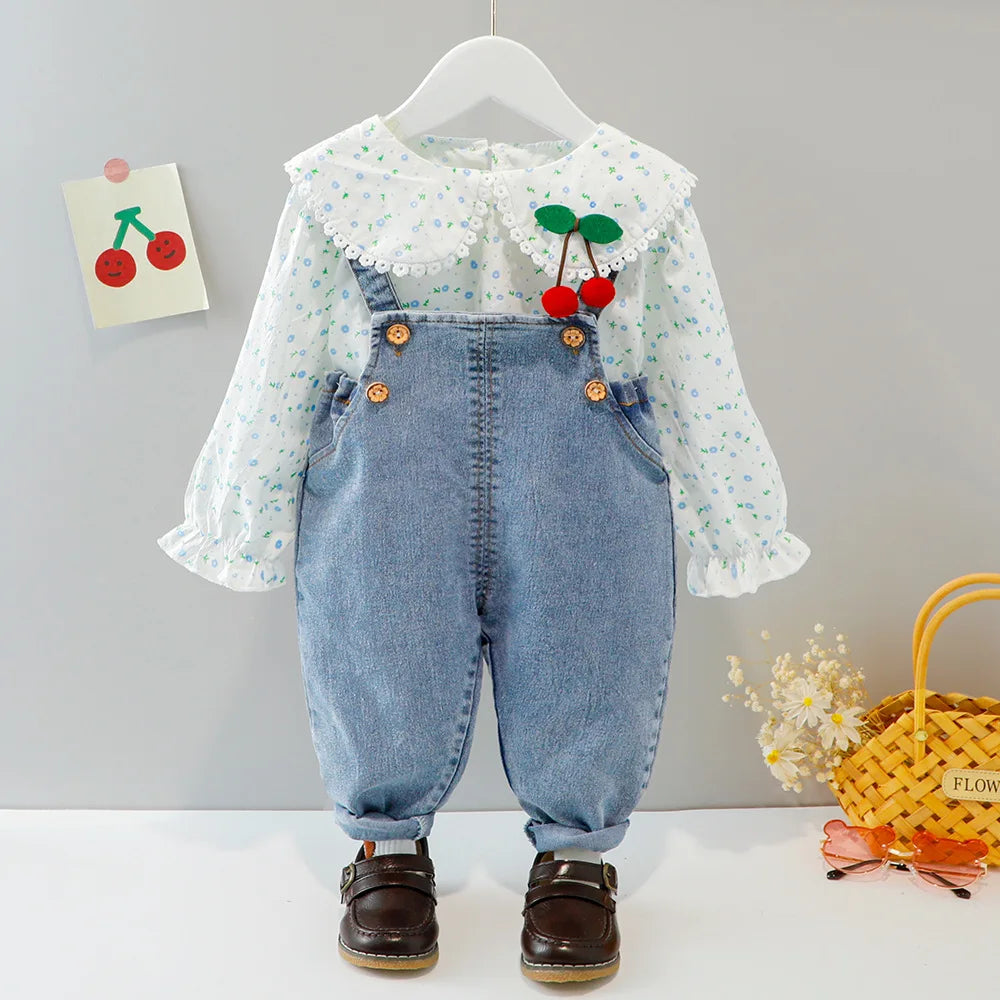 Spring newborn baby girls clothes outfit set floral shirt denim overalls suit for baby girl clothing 1 year infant birthday sets